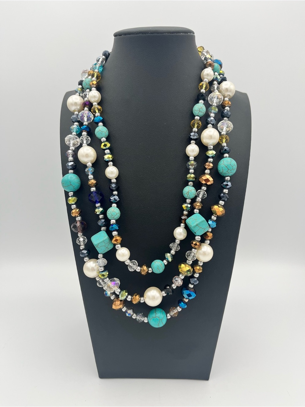 Premier Designs Vintage 3 Strand Turquoise Pearl Crystal Statement Necklace